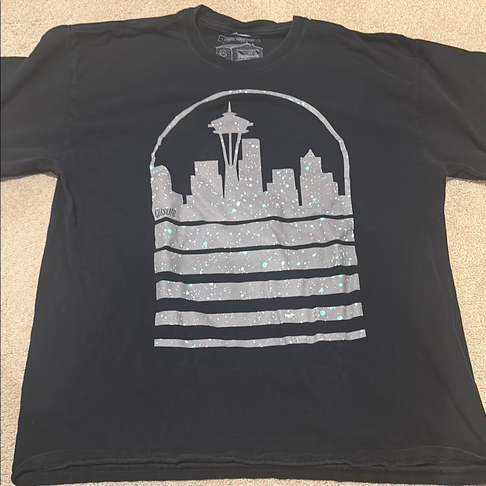 Black Graphic Tee with Seattle Cityscape Design